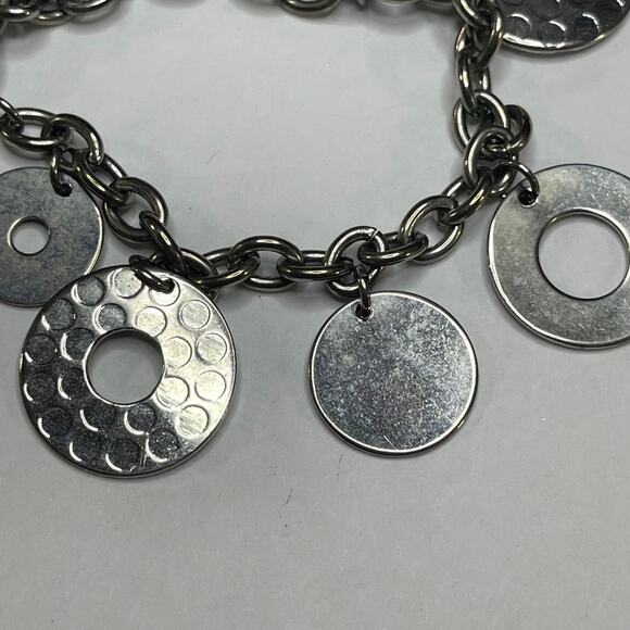 Cookie Lee signed bracelet chunky chain link disk dangle charms gray boho - Picture 3 of 8